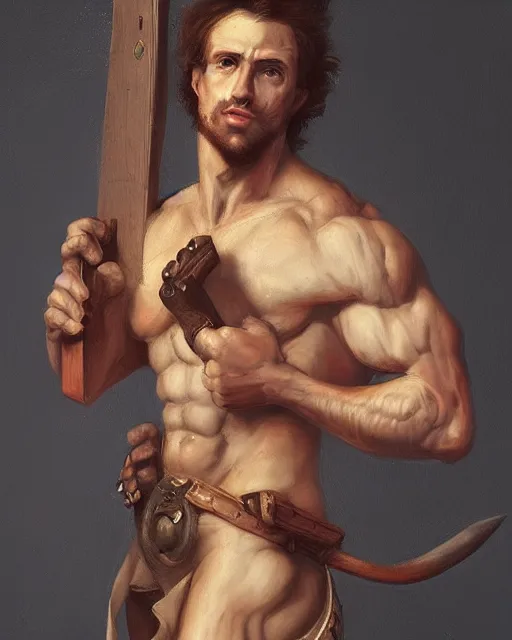 Prompt: baroque portrait of a male were-rat. he is very muscular. he is holding an axe. 4K trending on artstation by peter mohrbacher