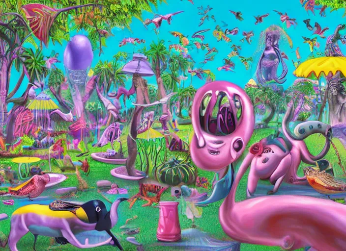 Prompt: 🦩🪐🐞👩🏻🦳, lowbrow, 8 k, matte painting, in the style of kenny scharf,