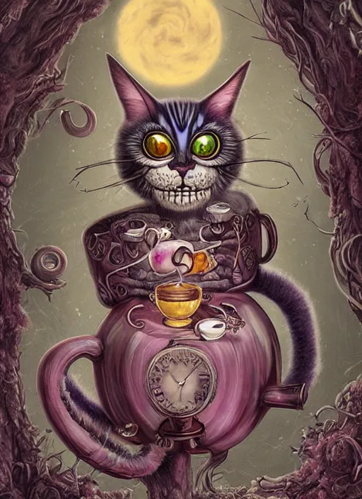 Prompt: cheshire cat having tea death tarot card, highly detailed, half skull face, cinematic, 8 k, bymegan duncanson, benjamin lacombe, naoto hattori, adrian borda, giger, trending on deviantart, hyper detailed, horror, full of colour