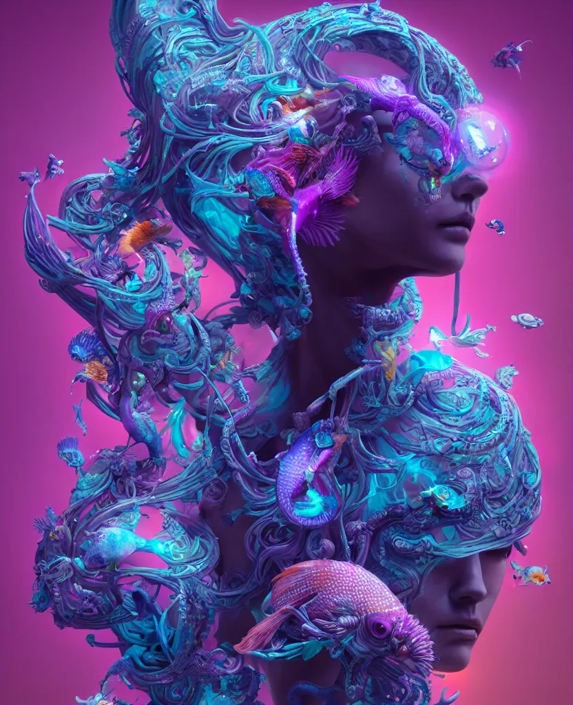 Image similar to goddess full color painted acryllic sculpture close-up portrait. orchid bird phoenix head, nautilus, skull, betta fish, bioluminiscent creatures, intricate artwork by Tooth Wu and wlop and beeple. octane render, trending on artstation, greg rutkowski very coherent symmetrical artwork. cinematic, hyper realism, high detail, octane render, 8k