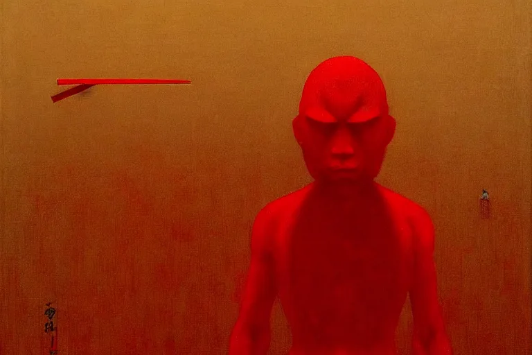 Image similar to only with red, a red samurai harakiri, tokio, a lot of frogs watch, in the style of beksinski, parts by edward hopper, parts by rodcenko, parts by yue minjun, intricate and epic composition, red by caravaggio, insanely quality, highly detailed, masterpiece, red light, artstation, 4 k