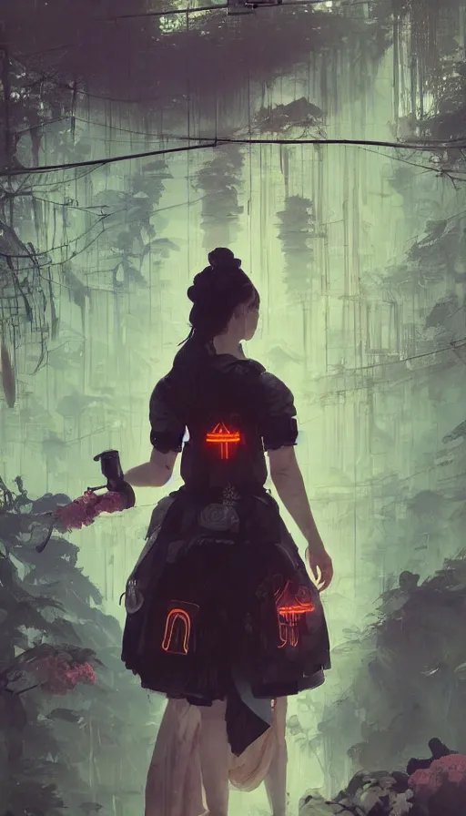 Image similar to altered carbon, detailed portrait young gangster lolita, amazing beauty, visor, neon tattoo, styled hair, decorated traditional japanese ornaments by carl spitzweg, ismail inceoglu, vdragan bibin, hans thoma, greg rutkowski, alexandros pyromallis, perfect face, fine details, realistic shaded