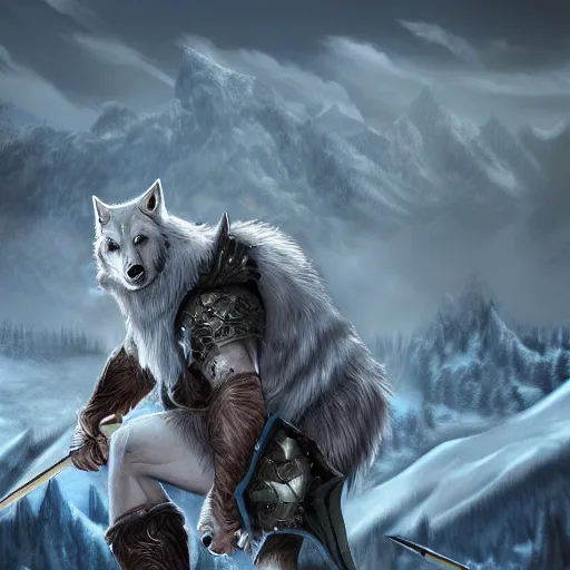 Prompt: A White Wolf barbarian on top a snowy mountains, highly detailed award winning character illustration trending on artstation, 4k