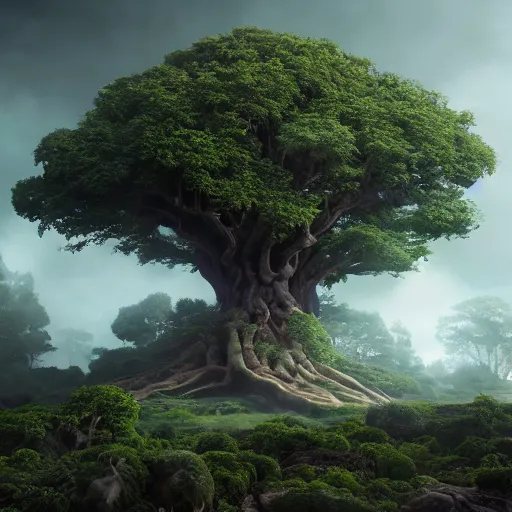 Image similar to full body pose, hyperrealistic photograph of the world tree, dim volumetric lighting, 8 k, octane beautifully detailed render, extremely hyper detailed, intricate, epic composition, cinematic lighting, masterpiece, trending on artstation, very very detailed, stunning, hdr, smooth, sharp focus, high resolution, award, winning photo, dslr, 5 0 mm