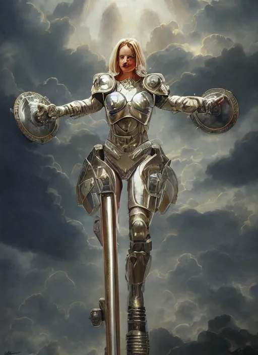 Image similar to symmetry!! portrait of a beautiful biblical diabolical agile girl holding shield, reflective porcelain skin, light cyborg armor, in clouds, cinematic studio light, windy, sunrise, by gerald brom, by mikhail vrubel, by peter elson, muted colors, extreme detail! trending on artstation, 8 k