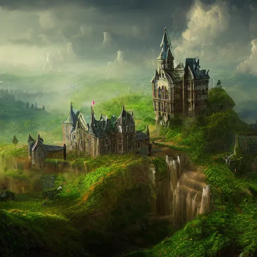 Image similar to a hyperrealistic digital matte painting of a verdant fantasy countryside, very far royal steampunk castle, highly detailed, trending on artstation