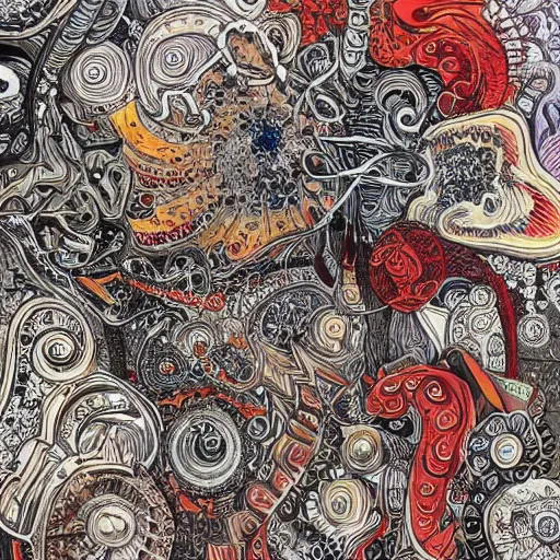 Image similar to chaos, intricate ink illustration, highly detailed, maximalist, oil painting