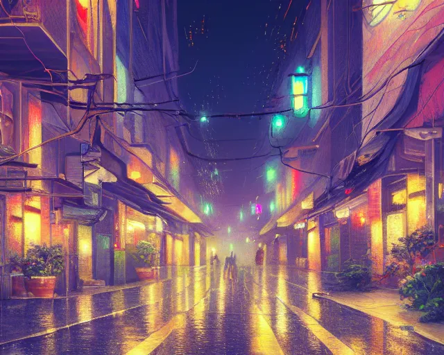 Prompt: A clean wide alleyway in Mexico with glittering lights above the street, skyscrapers in the distance, Makoto Shinkai, Thomas Kinkade, 4k wallpaper, trending on artstation