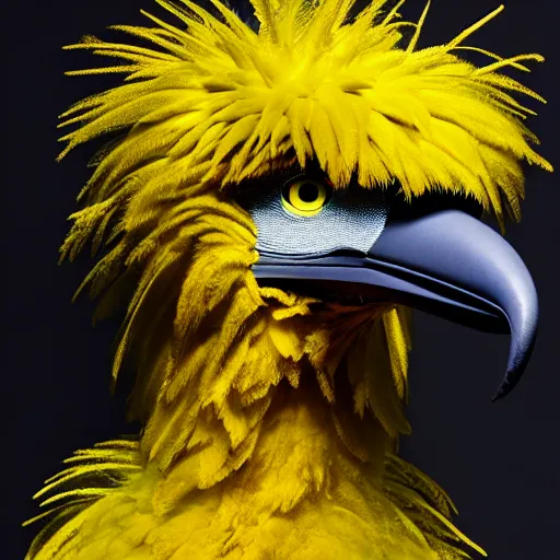 Image similar to portrait of big bird flying majestically into a jet engine, correct face, bloody jet engine, guts and feathers everywhere, uhd hyperdetailed photo by annie leibowitz 5 0 mm lens