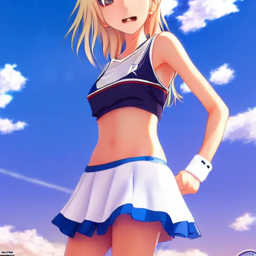 Image similar to a very beautiful young anime tennis girl, full body, long wavy blond hair, sky blue eyes, full round face, short smile, bikini, miniskirt, front view, mid - shot, highly detailed, cinematic wallpaper by stanley artgerm lau