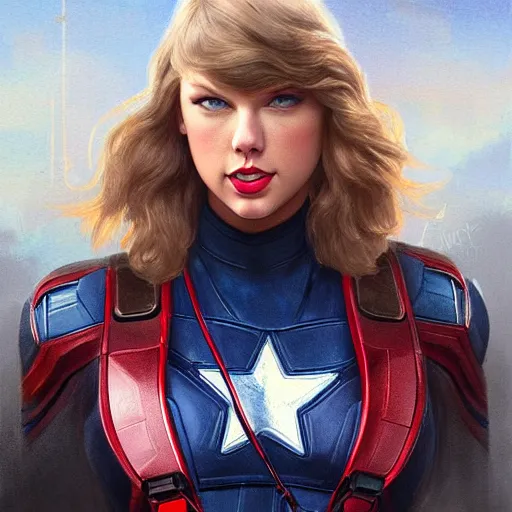 Image similar to Taylor Swift as Captain America, portrait, highly detailed, digital painting, artstation, concept art, sharp focus, illustration, cinematic lighting, art by artgerm and greg rutkowski and alphonse mucha