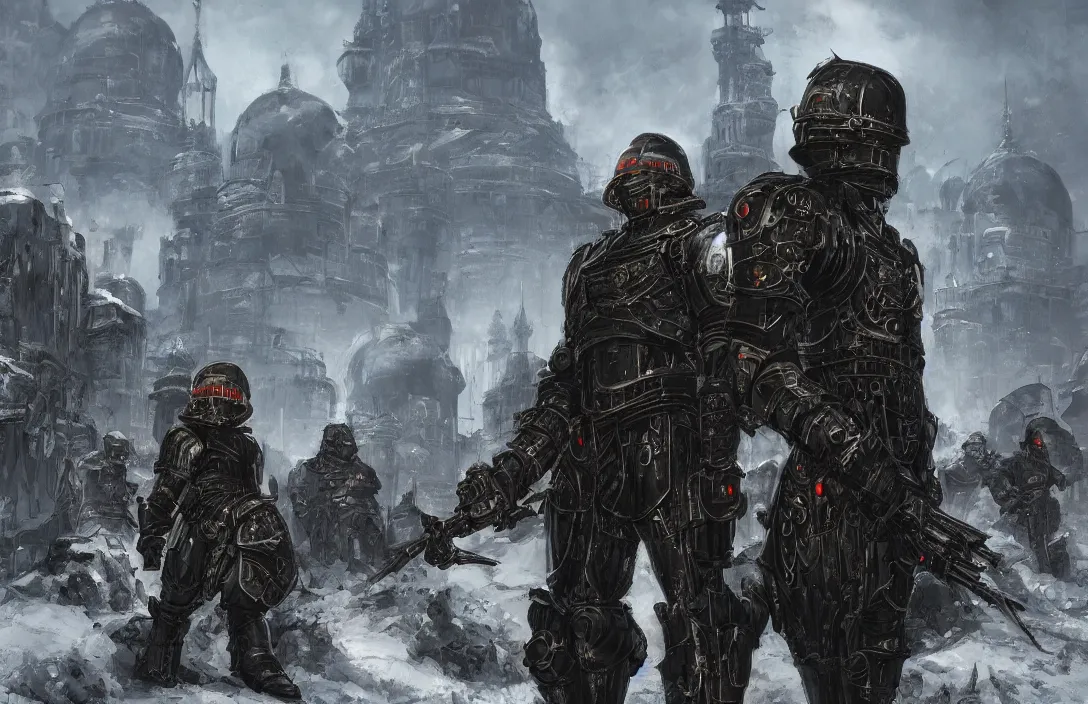 Prompt: black armoured praetorian death guard soldiers in cyberpunk imperial Russia, snow capped mountains, industrial citadel black domes and spires, highly detailed beautiful concept art of an oppressive towering city