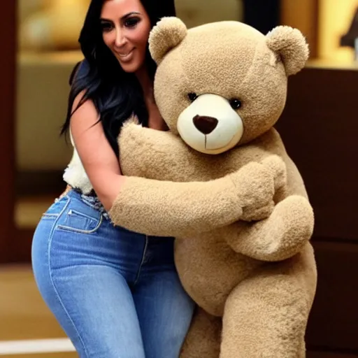 Prompt: teddy bear hugging kim kardashian