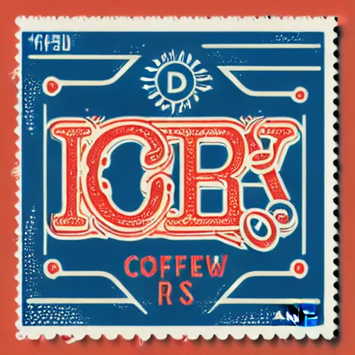 Prompt: inspired by cold brew label, vintage intricate stamp logo, retro artwork, red and blue, design vintage looking logo for art company