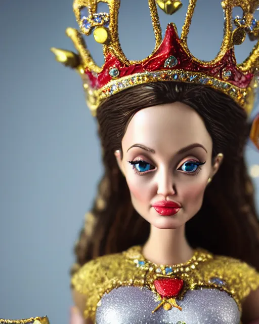 Prompt: highly detailed closeup, face profile portrait of a tin toy angelina jolie as a fairytale princess wearing a crown and sitting on a throne, bikini, depth of field, nicoletta ceccoli, mark ryden, lostfish, max fleischer, breathtaking, detailed and intricate environment, 8 k resolution, hyperrealistic, octane render