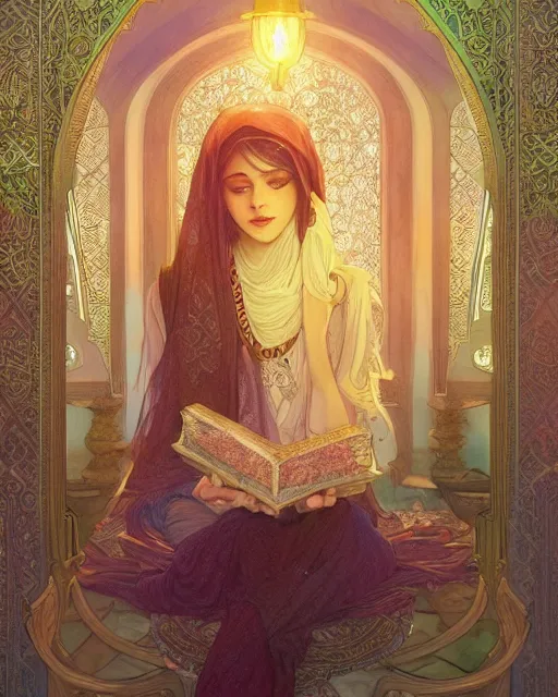 Image similar to an open quran highly detailed, gold filigree, romantic storybook fantasy, soft cinematic lighting, award, watercolor illustration by mandy jurgens and alphonse mucha and alena aenami, pastel color palette, featured on artstation