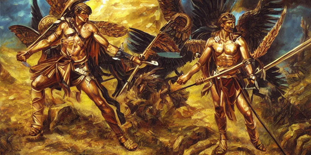 Prompt: greek angel hoplite, fighting fantasy army, oil painting, masterpiece, sharp focus,