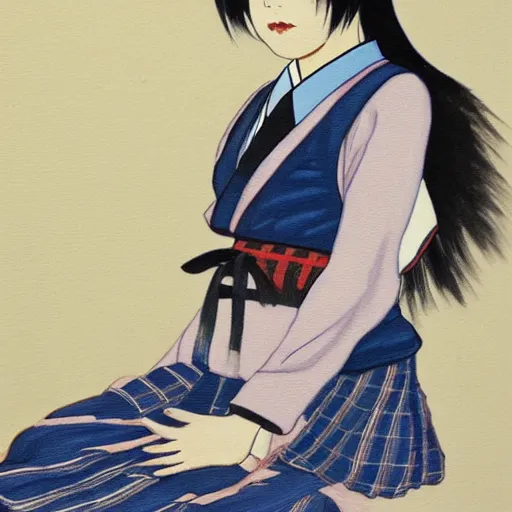 Image similar to a painting of Japanese schoolgirl, clothed, stylish