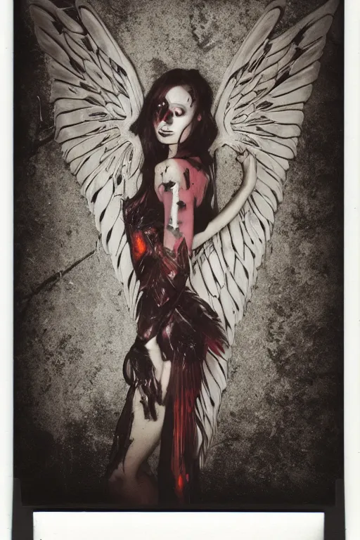 Image similar to crystal wings, waporwave polaroid, a greg rutkowsi photograph, devianart, metal acid deep colors, fallen angel of death, love broken