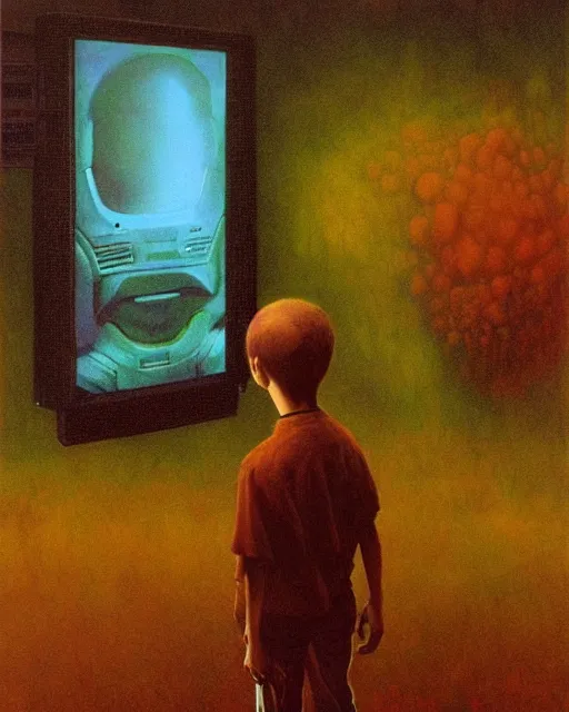 Prompt: early color photo of an boy standing in front of a computer from 90s with a game doom2 at the monitor screen, Beksinski impasto painting, part by Adrian Ghenie and Gerhard Richter. art by Takato Yamamoto, masterpiece