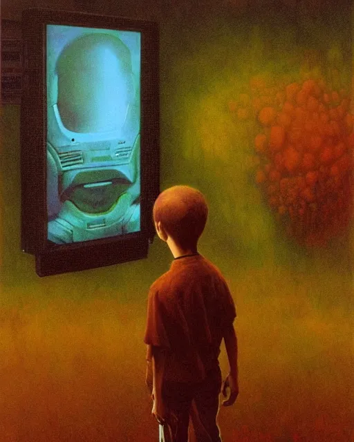 Image similar to early color photo of an boy standing in front of a computer from 90s with a game doom2 at the monitor screen, Beksinski impasto painting, part by Adrian Ghenie and Gerhard Richter. art by Takato Yamamoto, masterpiece