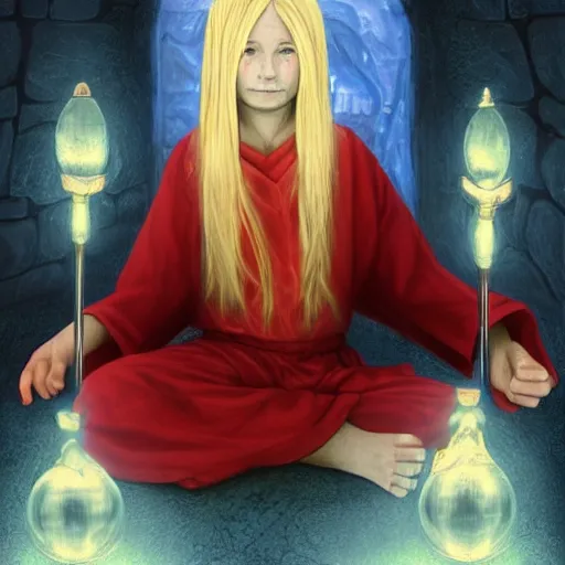 Image similar to Portrait of a 12 year old white boy with blond medium length hair, sitting cross-legged, wearing red sorcerer's robes, holding an illuminated crystal ball in his hands and gazing into it, inside of a cabin, Dungeon's & Dragons, digital illustration, deviantart, matte fantasy painting, by Jason Felix by Steve Argyle by Tyler Jacobson by Peter Mohrbacher