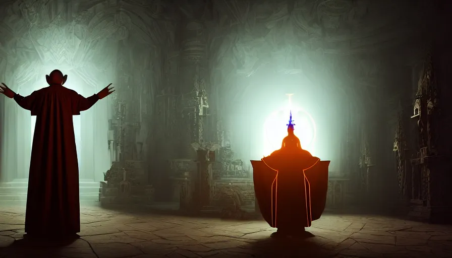 Image similar to ! dream an occult priest performs demonic ritual to summons monsters with magic and a glowing sigil in a fantastic temple, volumetric lighting, magical lighting, raytracing, dynamic lights and shadows, photorealistic render, digital art, wallpaper