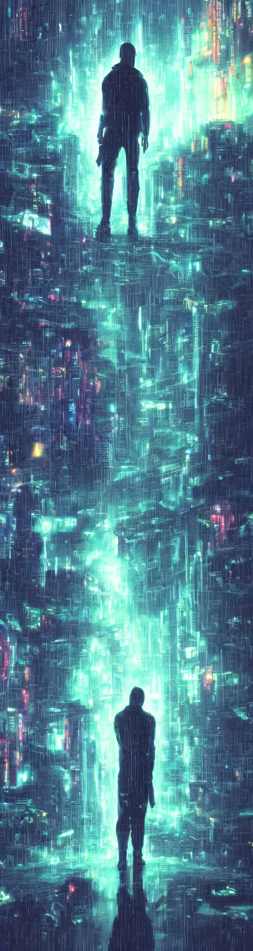 Image similar to one cyber godly person made of cosmic nebula galaxy energy watching a rainy colorful complex cyberpunk futuristic holographic city from behind at night through a window in a room, akira, reflections, 8 k, photorealistic, concept art, wet, highly detailed, cinematic mood by ridley scott, ghost in the shell, trending on artstation, glowing and epic