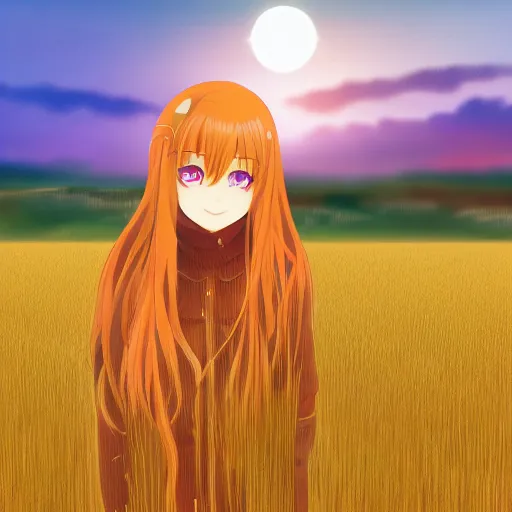 Prompt: digital illustration of Holo from Spice and Wolf standing in a wheat field at sunset, key visual