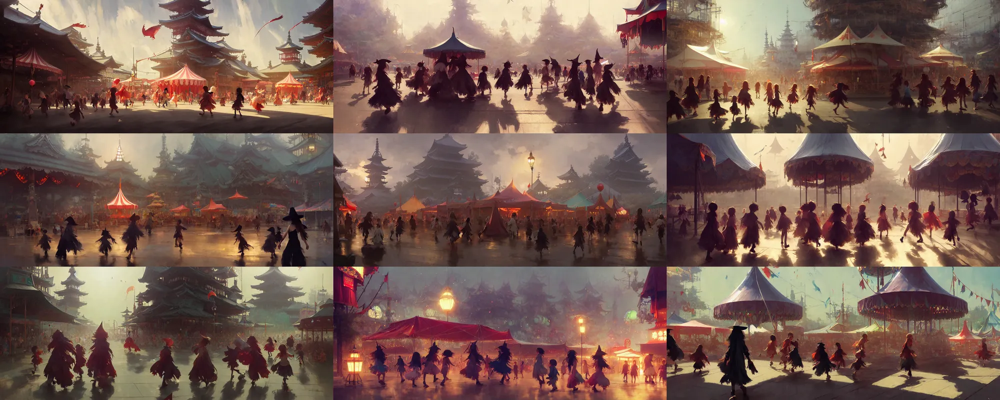 Image similar to young witches running around exploring small town carnival amusement, food stalls, big top circus tent, highly detailed, magical, japan, digital painting, concept art, matte, art by ruan jia and wlop and greg rutkowski and makoto shinkai, masterpiece