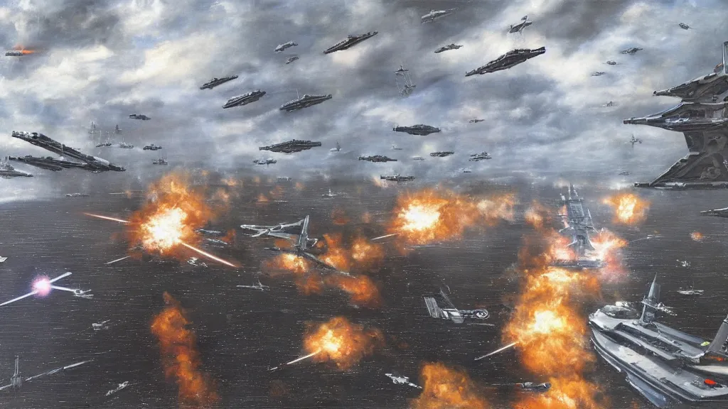 Prompt: Stockholm under attack by star wars destroyers and TIE fighters, oil painting,