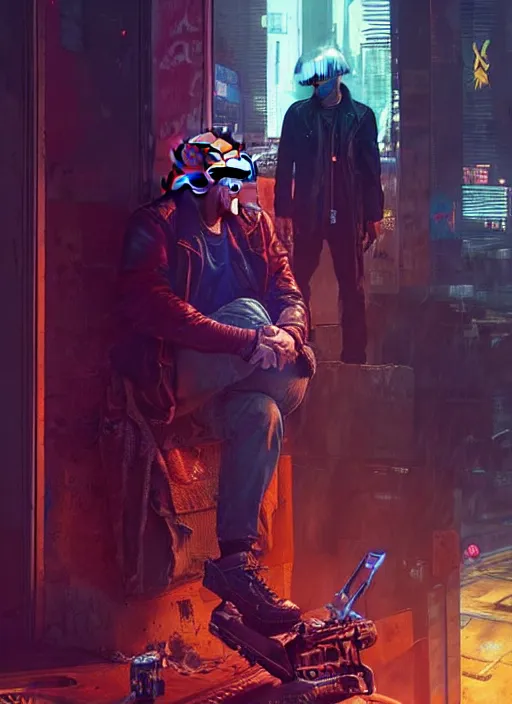 Image similar to portrait of Trump as a homeless character in Cyberpunk 2077, looking at camera, intricate, dystopian, sci-fi, extremely detailed, digital painting, artstation, concept art, smooth, sharp focus, illustration, intimidating lighting, incredible art by artgerm and greg rutkowski and alphonse mucha and simon stalenhag