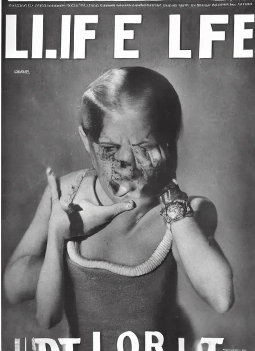 Prompt: LIFE magazine cover, photograph of a woman scared of a robot