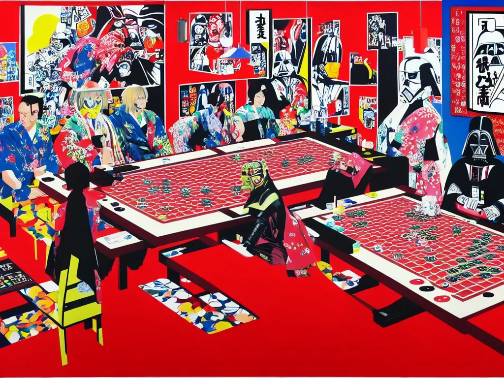 Image similar to hyper - realistic composition of a large room with an extremely detailed poker table in the center, woman in traditional japanese kimono standing nearby, darth vader sitting at the table, fireworks in the background, pop art style, jackie tsai style, andy warhol style, acrylic on canvas, dull palette