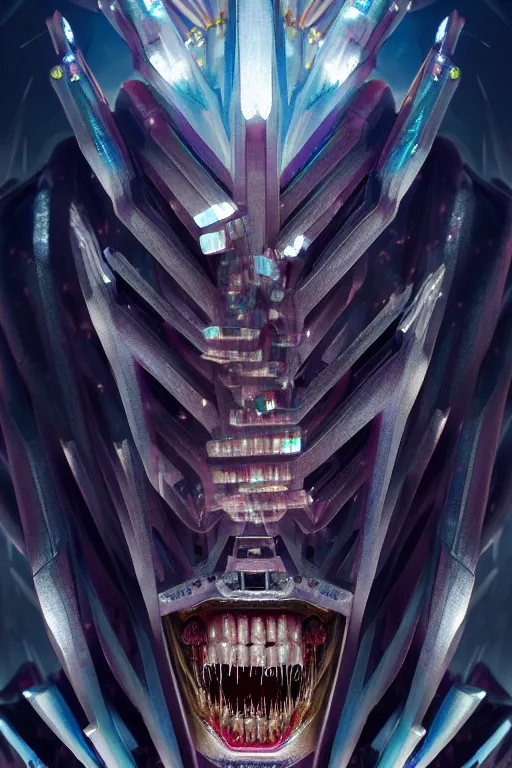 Image similar to dreamland of chinese, ghost, sharp, slender and densely arranged teeth, dystopian, cyberpunk, nanotech demonic monster horror, mecha, halfturn portrait of a big crystal face made of crystals half - turn, ominous, intricate, studio, art by anthony macbain + greg rutkowski + alphonse mucha, concept art, 4 k, sharp focus