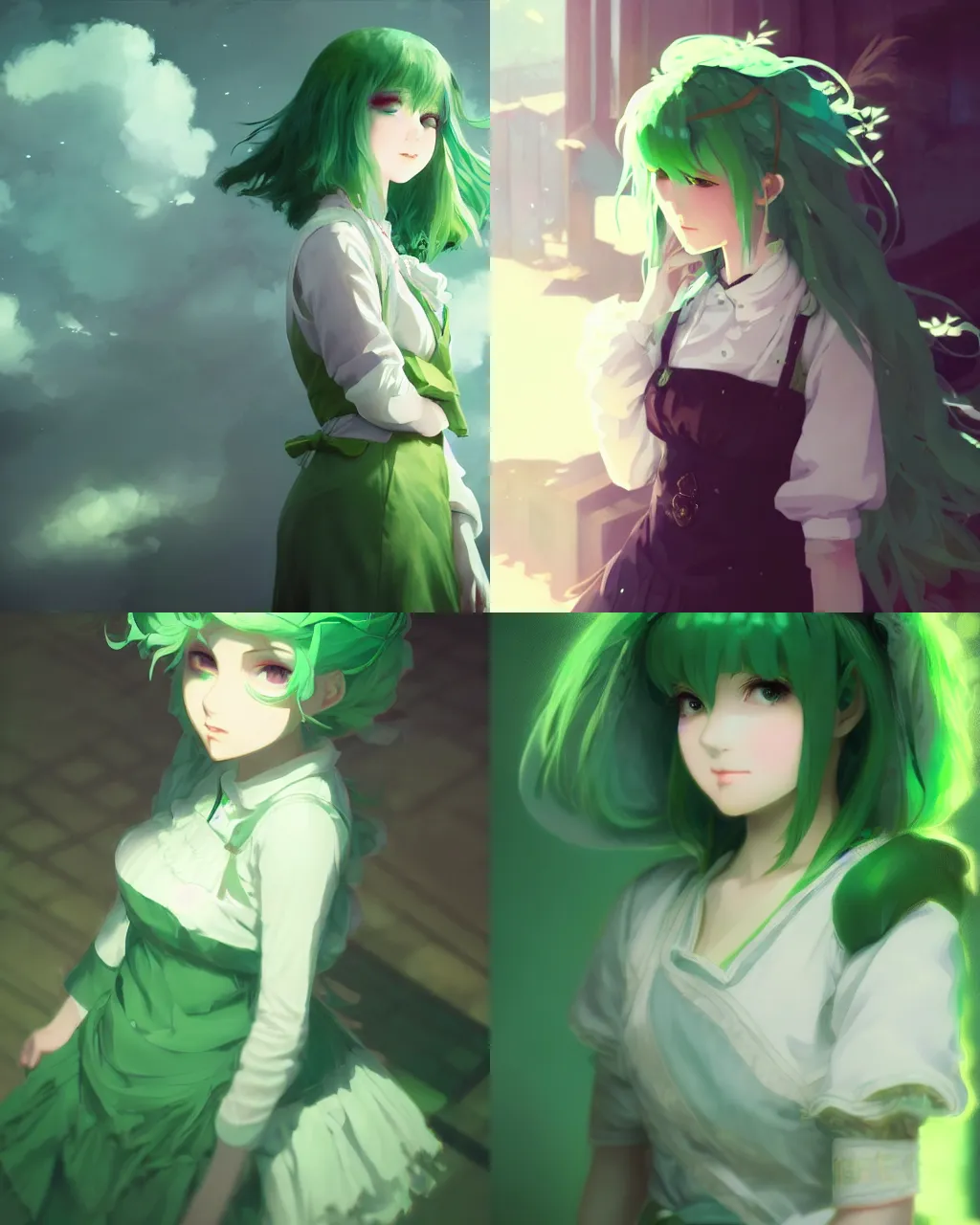 Prompt: girl with green hair and maid outfit, a beautiful portrait, tone mapped, ambient lighting, art by hidari and makoto shinkai and wenjun lin