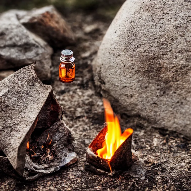 Prompt: close - up of a tiny bottle with a tent and campfire inside. dramatic lighting, night, hyper realistic, highly detailed, 4 k