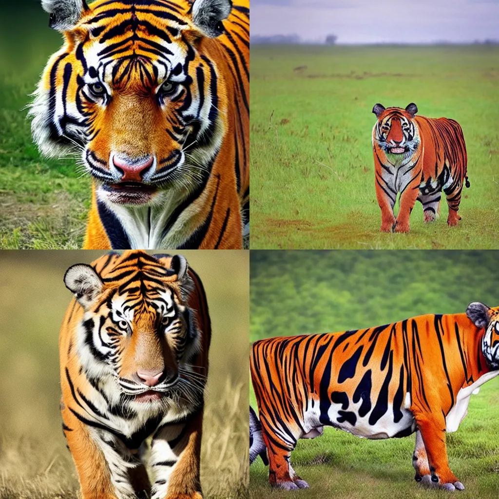 Prompt: a cow with tiger stripes, cow tiger hybrid animal, wildlife photography, hyperrealistic