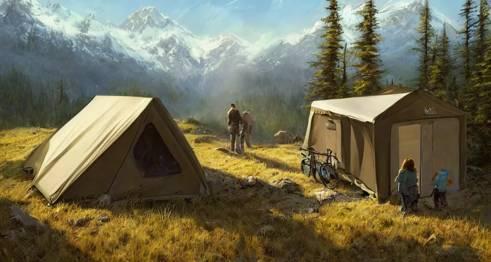 Image similar to cabela's beautiful comfortable carbon framed, modular insulated wall portable container home kit - house all weather family dwelling tent house, person in foreground, mountainous forested wilderness open fields, beautiful views, painterly concept art, environmental concept art, concept art illustration, by james gurney, by craig mullins, by greg rutkowski trending on artstation