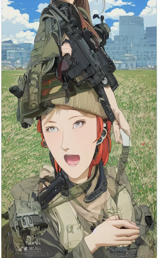 Prompt: portrait of a female soldier, highly detailed, high resolution, military camp in the background, full color manga visual style, illustration, stunning, from the manga marginal operation, bokeh soft, matte, 100mm, by professional photographer, hayao miyazaki, ilya kuvshinov, alphonse mucha, studio mappa, daisuke kimura, realistic human anatomy, realistic military carrier, modern warfare, realistic weapon, shot with a arriflex 35 ii, low saturation, small eyes