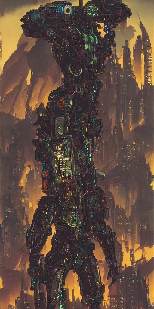 Image similar to a epic bishop in cyberpunk powered suit, super complex and instruct, epic stunning atmosphere, hi - tech synthetic rna bioweapon nanotech demonic monster horror by syd mead, michael whelan, jean leon gerome, junji ito