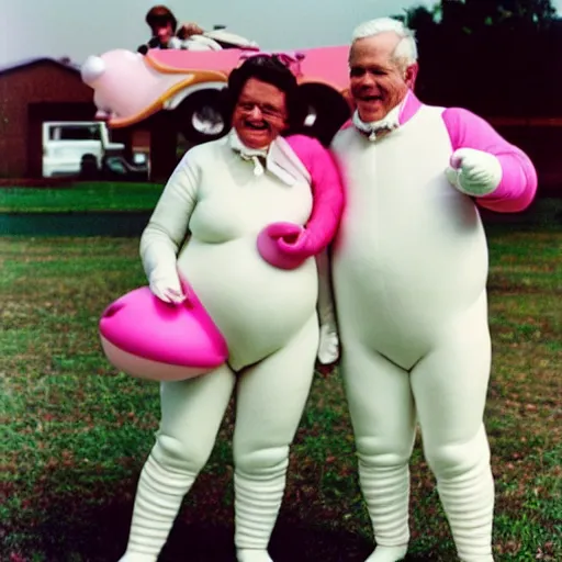 Prompt: a martin parr photo of a grandpa couple, wearing michelin man white body costumes, going super fast on a pink pig, 1 9 7 0 s kodachrome colour photo, flash on camera, w 1 0 2 4