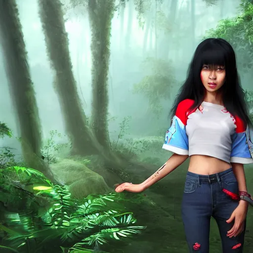 Prompt: kena bridge of spirits, 3 d character zbrush, hispanic girl using tight white and red raglan sleeves, tight blue jeans and cool shoes, silky long black hair with bangs in a tropical forest, artstation