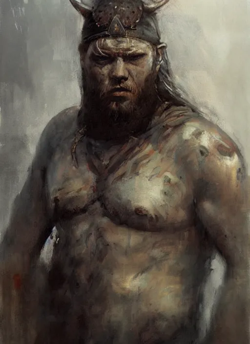 Prompt: portrait painting of viking berserker with a dinosaur tattoos, by jeremy mann, only one head single portrait