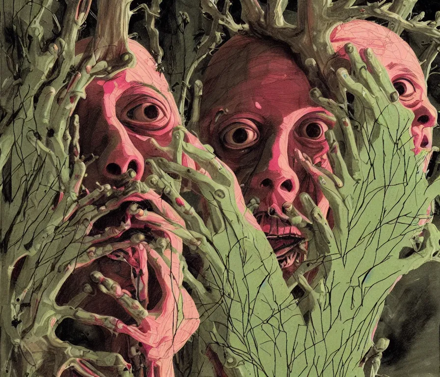 Image similar to todd solondz eating himself to death and becoming a tree | vivid colors : storyboard, realistic. by gabriel hardman, joe alves, j. todd anderson, chris bonura and jenny saville and francis bacon. cinematic atmosphere, detailed and intricate, perfect anatomy