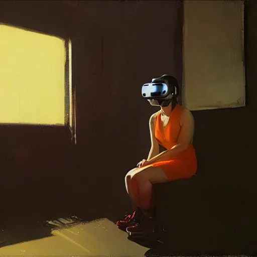 Image similar to rachael in vr helmet sitting next to deckard from bladerunner by jeremy mann and edward hopper