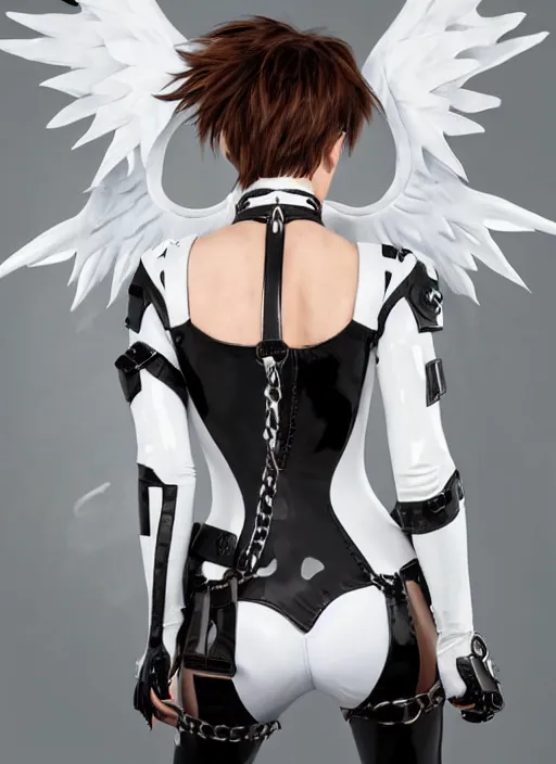 Image similar to full body artwork of tracer overwatch, wearing white latex and leather straps catsuit outfit, in style of mark arian, angel wings, dramatic painting, wearing detailed leather collar, chains, black harness, detailed face and eyes,