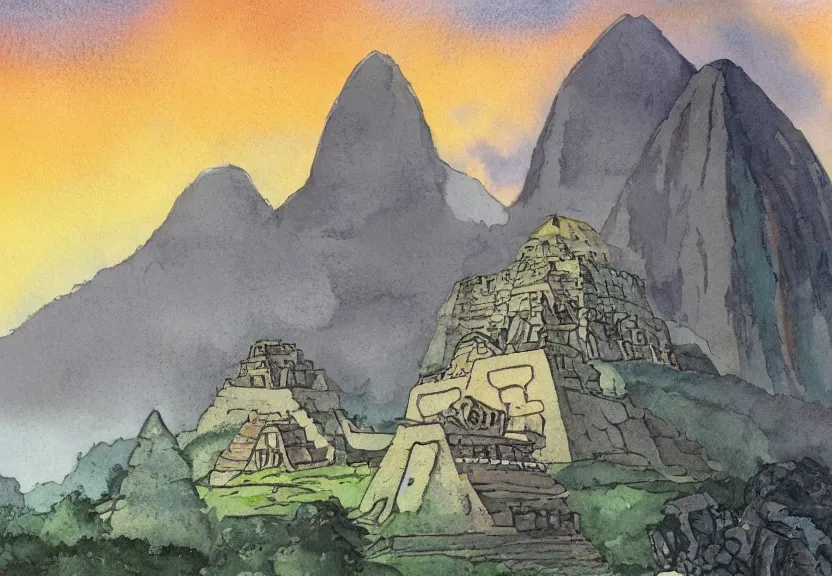 Prompt: a cell - shaded watercolor concept art from a studio ghibli film showing one giant grey alien. a temple is under construction in the background in machu pichu on a misty and starry night. by studio ghibli. very dull muted colors