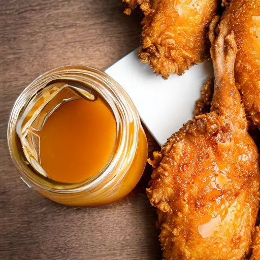 Image similar to chicken honey, honey with fried chicken floating inside the jar, we make our honey fresh with batches of chicken, food product promo, studio photography