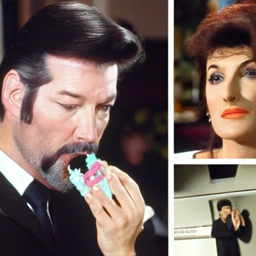 Image similar to commander riker eating a cake made of deanna troi